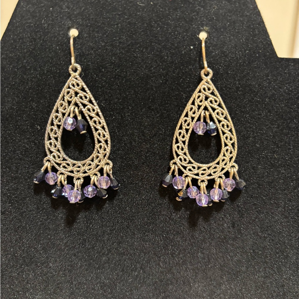 Silver Dangle Earrings with Navy Accent Beads